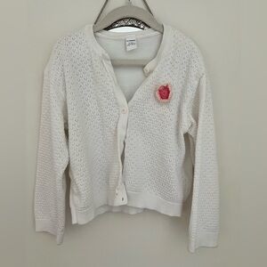 White Textured Knit Cardigan with Pink Crochet Flower Size 5-6